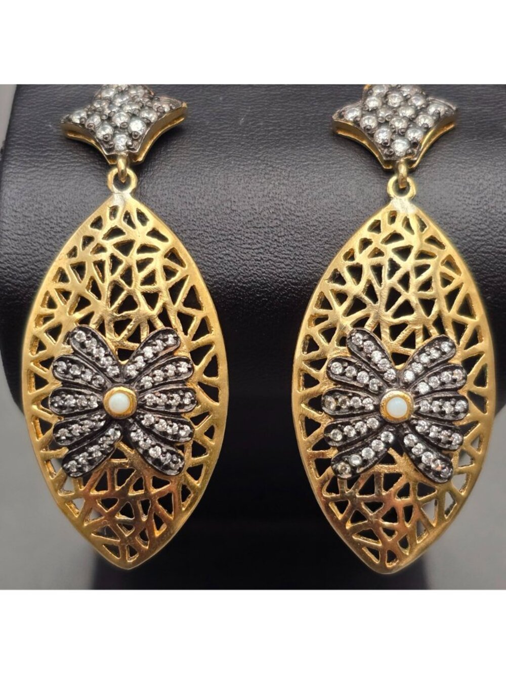Esha Gold Plated Rhinestone Filigree Dangle Earrings 2.25" Designer Modern Post - Picture 2 of 11